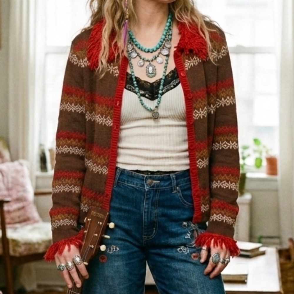 Guess Jeans M Vintage Boho Phoebe Buffay Cottagecore Fair Isle Fringe Cardigan